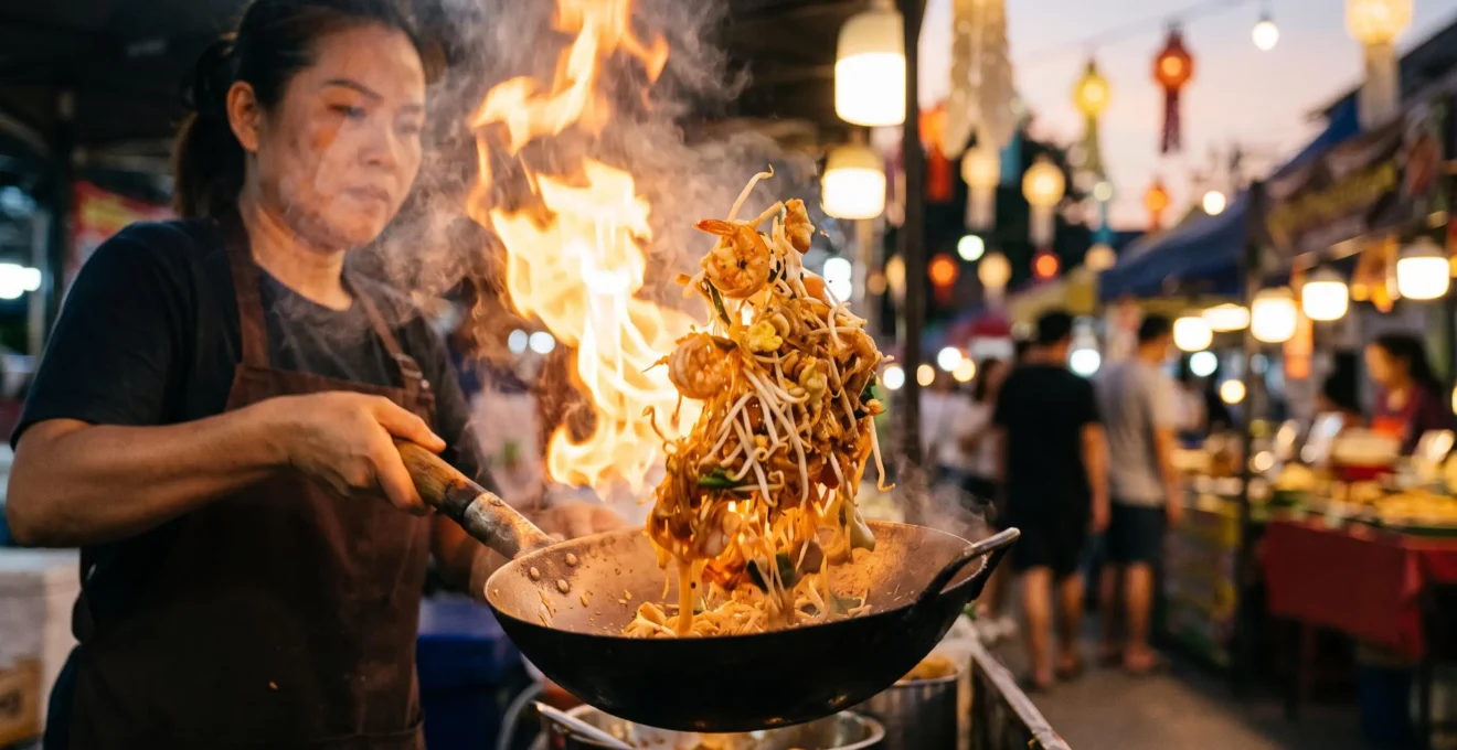 Nouilles de riz sautées au wok fumant, évoquant l'authenticité du Pad Thaï de rue thaïlandais