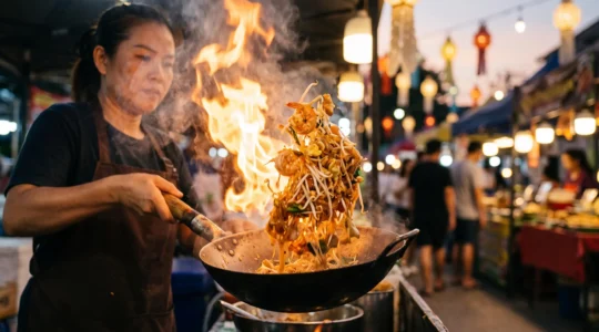 Nouilles de riz sautées au wok fumant, évoquant l'authenticité du Pad Thaï de rue thaïlandais