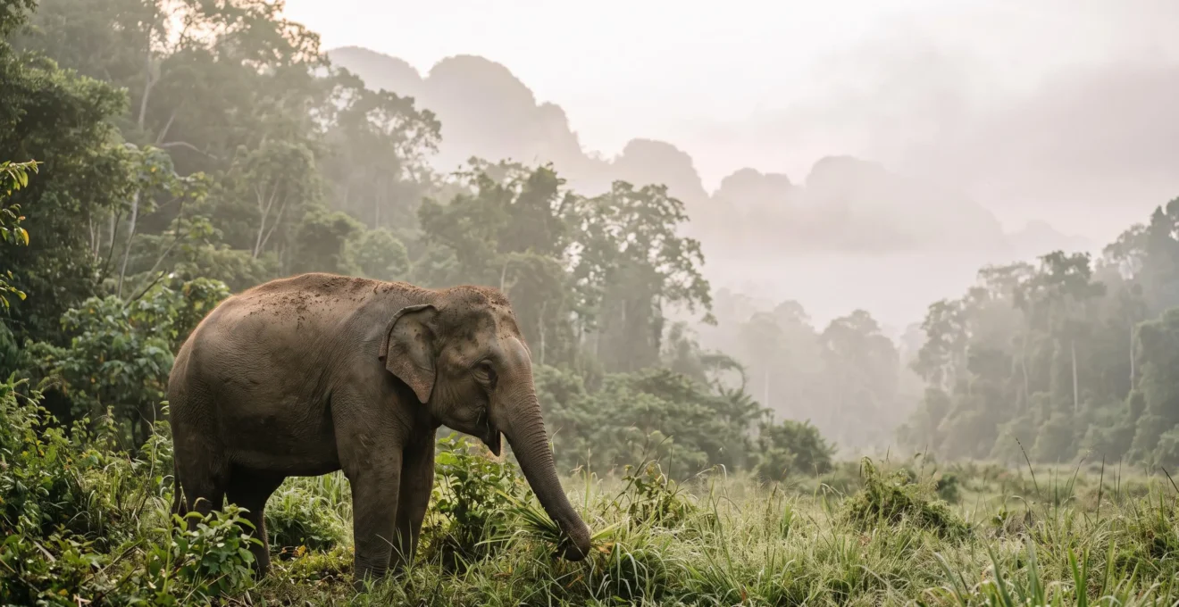 Éléphant sauvage à la lisière d'une forêt tropicale thaïlandaise au lever du jour, symbolisant l'observation de la faune sauvage en Thaïlande