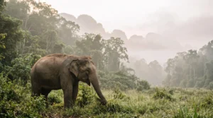 Éléphant sauvage à la lisière d'une forêt tropicale thaïlandaise au lever du jour, symbolisant l'observation de la faune sauvage en Thaïlande