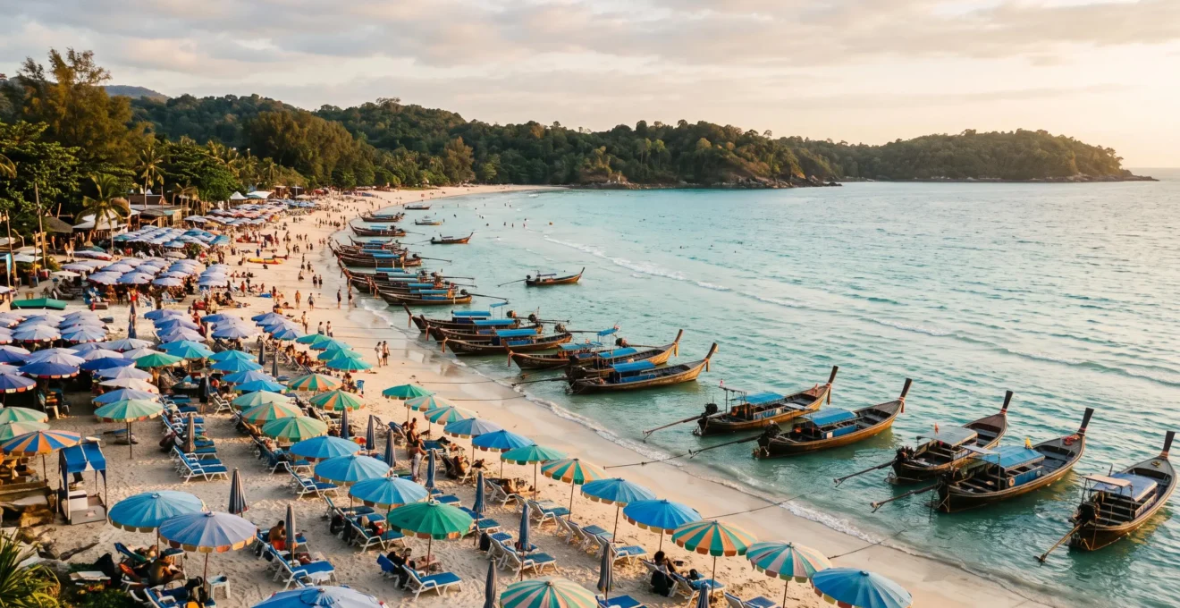 Vue symbolique d'une plage thailandaise partagee entre agitation touristique dense et horizon calme et preserve