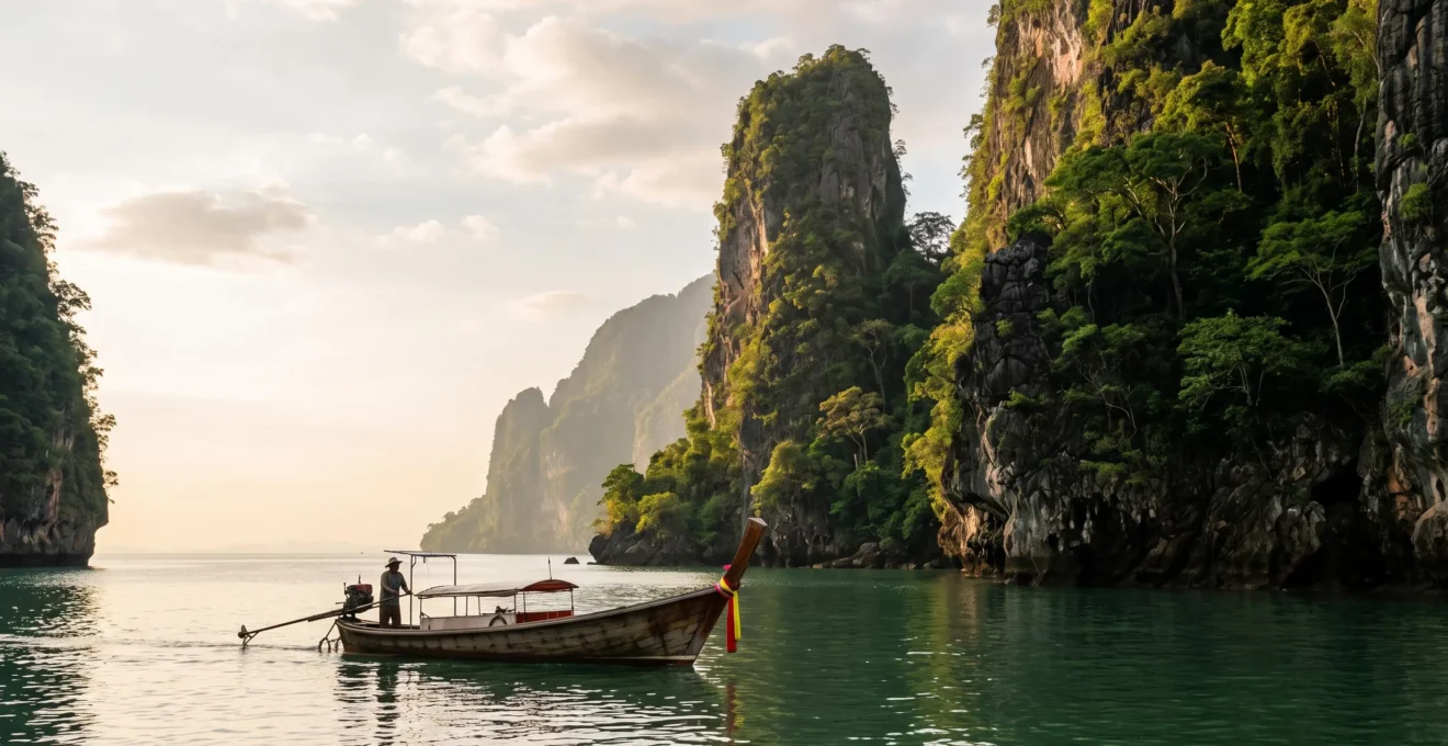 Pitons karstiques emergeant des eaux calmes de la baie de Phang Nga sous une lumiere douce de fin de journee