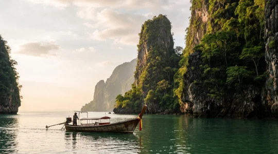 Pitons karstiques emergeant des eaux calmes de la baie de Phang Nga sous une lumiere douce de fin de journee