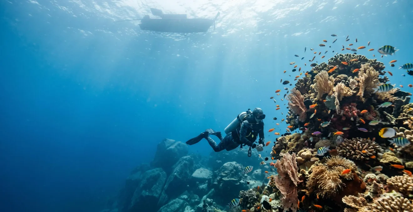 Plongeur en apnée explorant un récif corallien coloré dans les eaux turquoise de la mer d'Andaman en Thaïlande