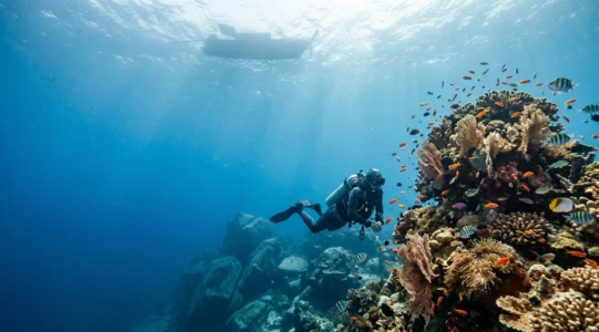Plongeur en apnée explorant un récif corallien coloré dans les eaux turquoise de la mer d'Andaman en Thaïlande