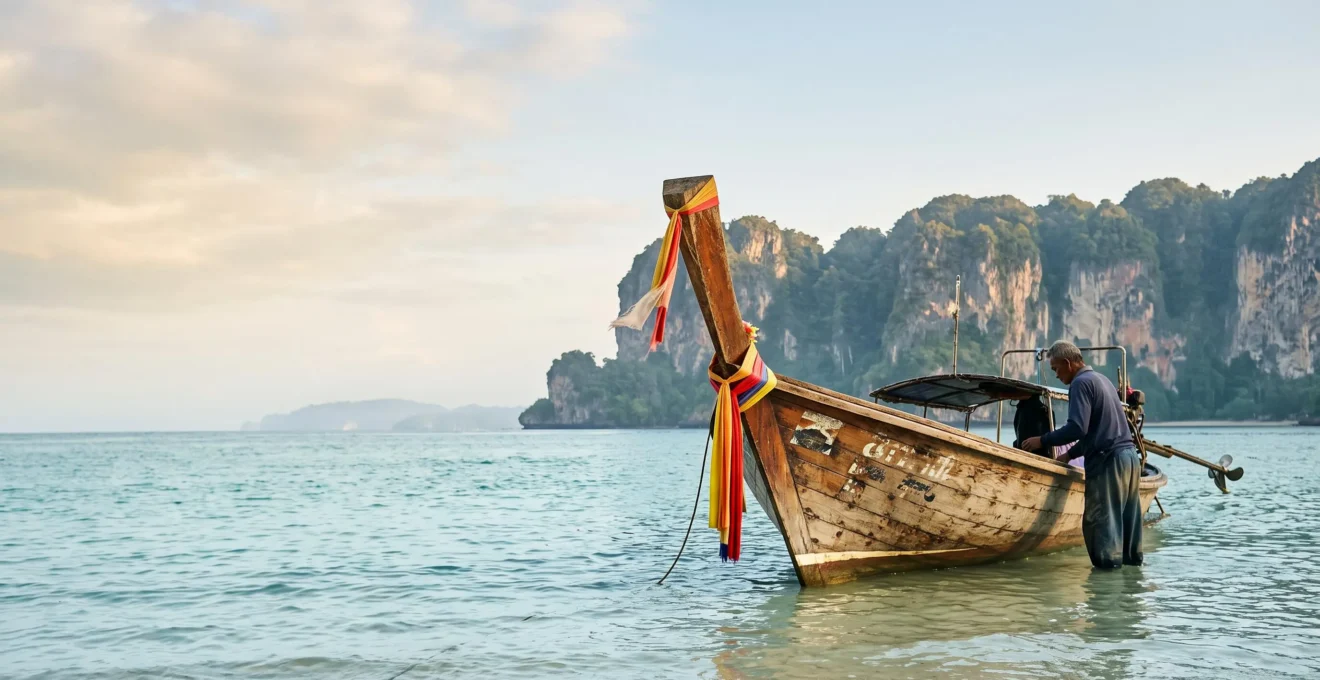 Longtail boat en bois amarré sur une eau turquoise face à des falaises calcaires en Thaïlande, prêt pour une location privée
