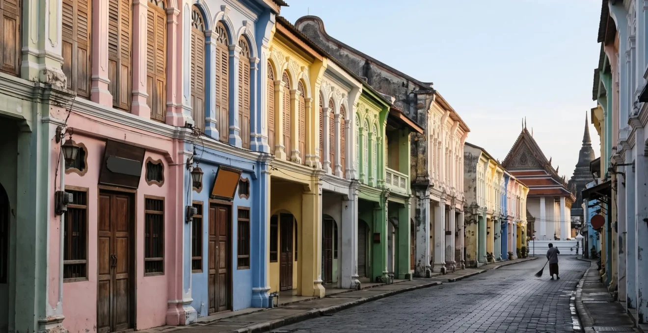 Photographe capturant une façade de shophouse thaïlandaise colorée sous une lumière douce, loin des foules touristiques