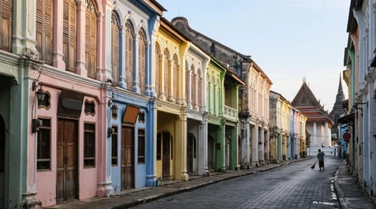 Photographe capturant une façade de shophouse thaïlandaise colorée sous une lumière douce, loin des foules touristiques