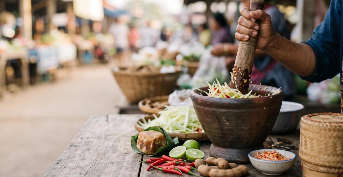 Salade de papaye verte som tam pilée dans un mortier en argile, entourée d'ingrédients frais typiques du Nord-Est thaïlandais