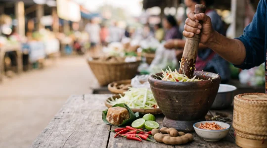 Salade de papaye verte som tam pilée dans un mortier en argile, entourée d'ingrédients frais typiques du Nord-Est thaïlandais