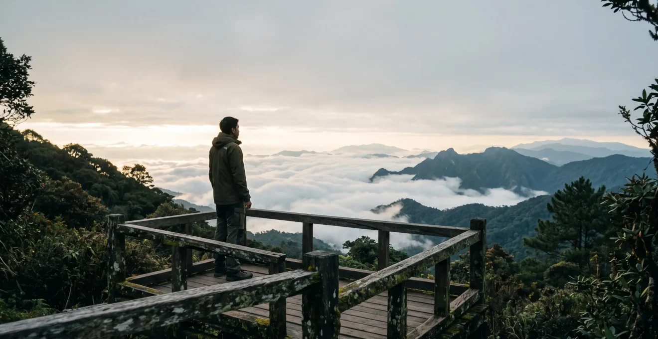 Vue panoramique du sommet brumeux du Doi Inthanon avec une mer de nuages au lever du jour au-dessus des montagnes du nord de la Thaïlande