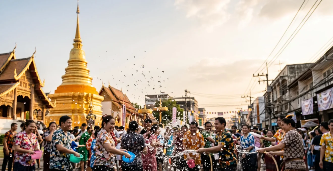 Photographie éditoriale d'une scène de Songkran en Thaïlande avec eau en suspension devant un temple bouddhiste