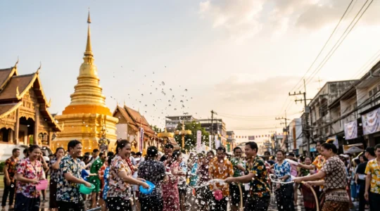 Photographie éditoriale d'une scène de Songkran en Thaïlande avec eau en suspension devant un temple bouddhiste