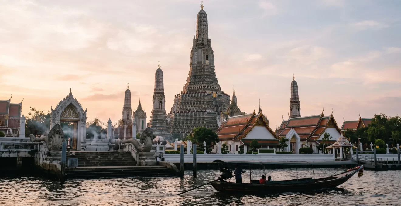 Silhouette dorée d'un temple bouddhiste ancien au bord du fleuve Chao Phraya à Bangkok, symbole de l'héritage du royaume de Siam
