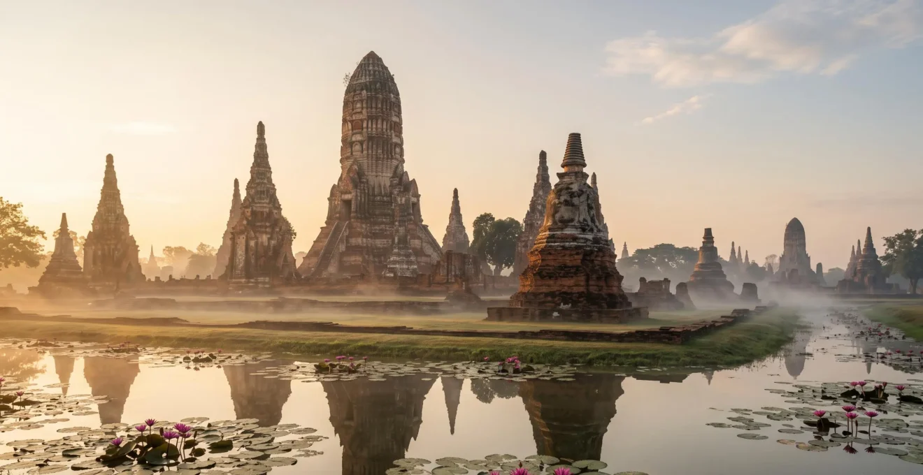 Ruines de prangs et chedis d'un site du patrimoine mondial thaïlandais baignés dans la lumière dorée du petit matin