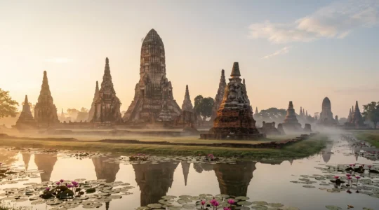 Ruines de prangs et chedis d'un site du patrimoine mondial thaïlandais baignés dans la lumière dorée du petit matin