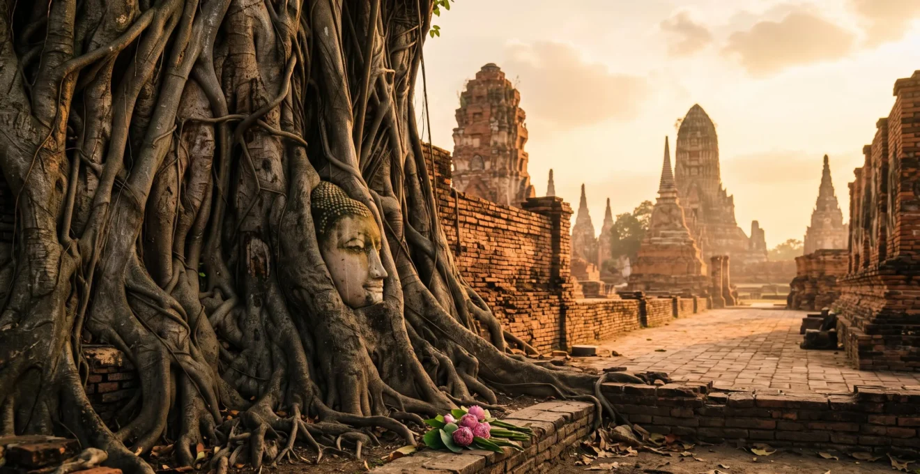 Tête de Bouddha en pierre enlacée par les racines d'un arbre ancien dans les ruines du parc historique d'Ayutthaya, baignée de lumière dorée