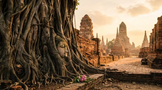 Tête de Bouddha en pierre enlacée par les racines d'un arbre ancien dans les ruines du parc historique d'Ayutthaya, baignée de lumière dorée