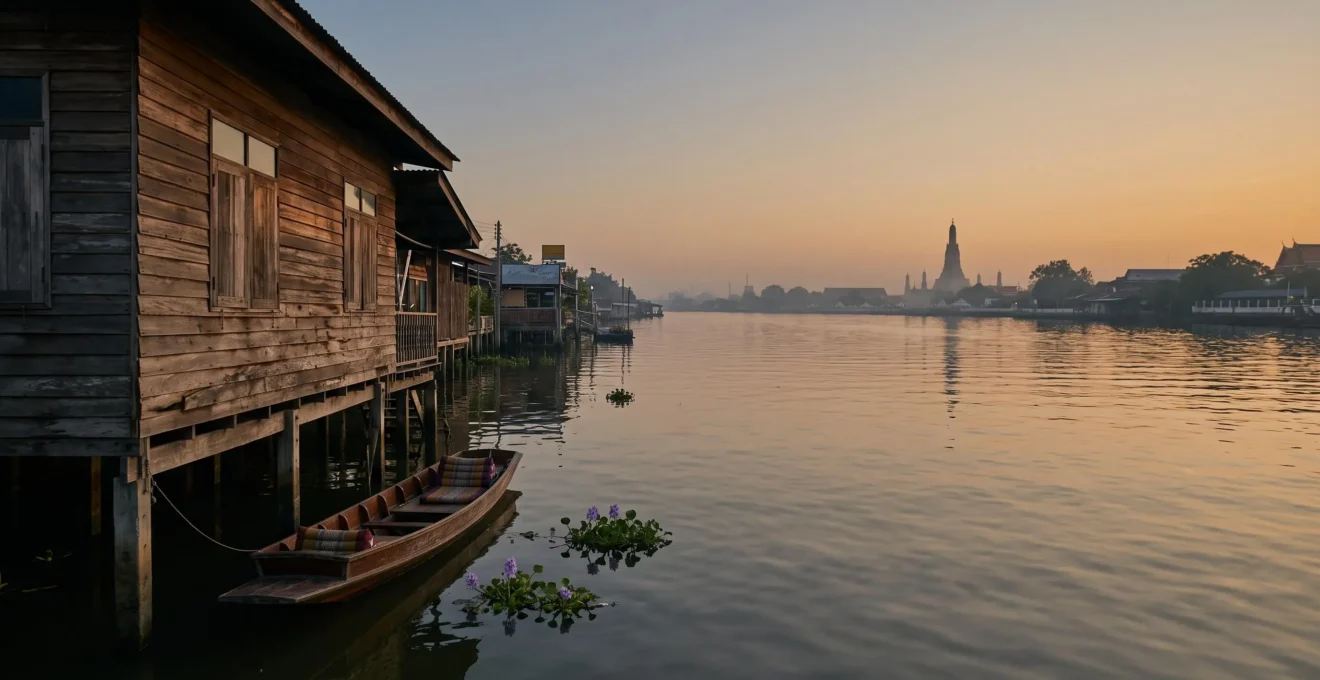 Vue large d'un canal de Thonburi au crépuscule avec une maison en bois sur pilotis et la silhouette lointaine de Wat Arun