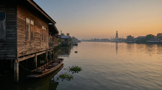Vue large d'un canal de Thonburi au crépuscule avec une maison en bois sur pilotis et la silhouette lointaine de Wat Arun