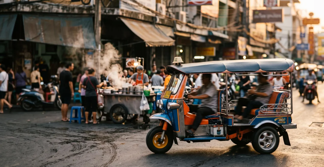 Tuk-tuk coloré traversant une rue animée de Bangkok au crépuscule, symbole du dilemme entre transport pratique et attraction touristique