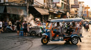 Tuk-tuk coloré traversant une rue animée de Bangkok au crépuscule, symbole du dilemme entre transport pratique et attraction touristique