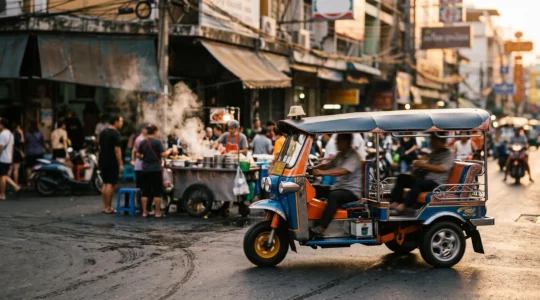 Tuk-tuk coloré traversant une rue animée de Bangkok au crépuscule, symbole du dilemme entre transport pratique et attraction touristique