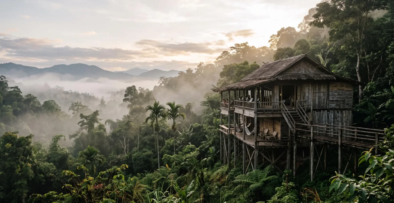 Lodge en bois et bambou intégré à la jungle thaïlandaise, incarnant l'authenticité écologique face au marketing vert artificiel