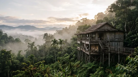 Lodge en bois et bambou intégré à la jungle thaïlandaise, incarnant l'authenticité écologique face au marketing vert artificiel