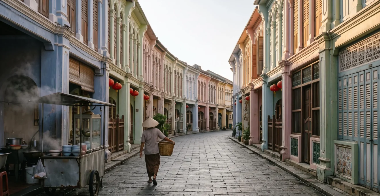 Ruelle pastel de la vieille ville de Phuket bordée de shophouses sino-portugaises baignées de lumière dorée