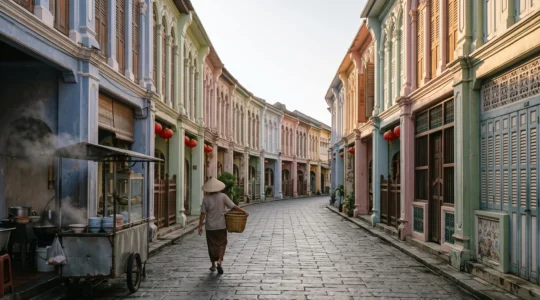 Ruelle pastel de la vieille ville de Phuket bordée de shophouses sino-portugaises baignées de lumière dorée