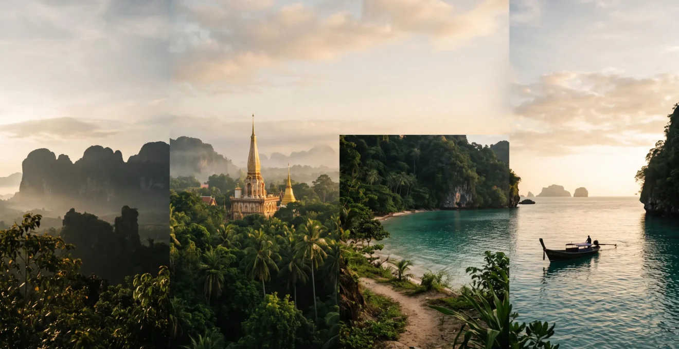 Paysage thaïlandais symbolisant un premier voyage de 15 jours, entre temple, jungle et côte tropicale