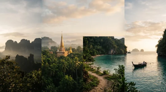 Paysage thaïlandais symbolisant un premier voyage de 15 jours, entre temple, jungle et côte tropicale
