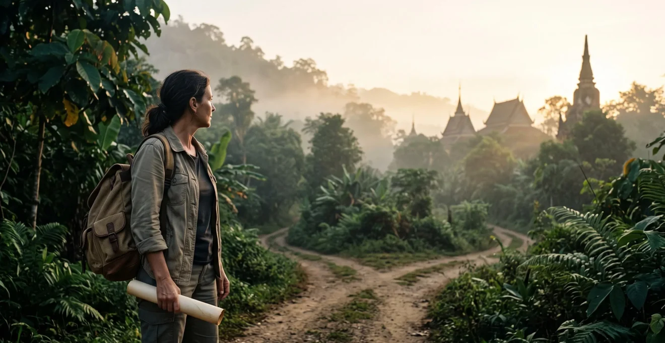 Voyageur pensif à un carrefour symbolique entre carte, sac à dos et paysage thaïlandais au petit matin