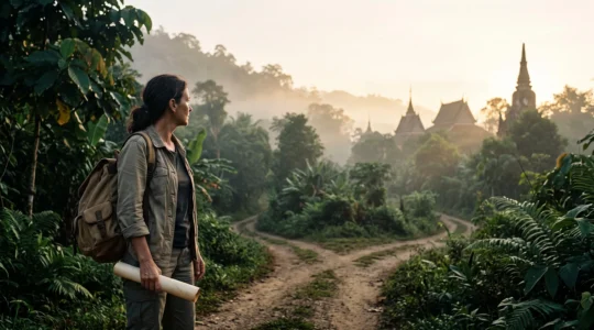 Voyageur pensif à un carrefour symbolique entre carte, sac à dos et paysage thaïlandais au petit matin