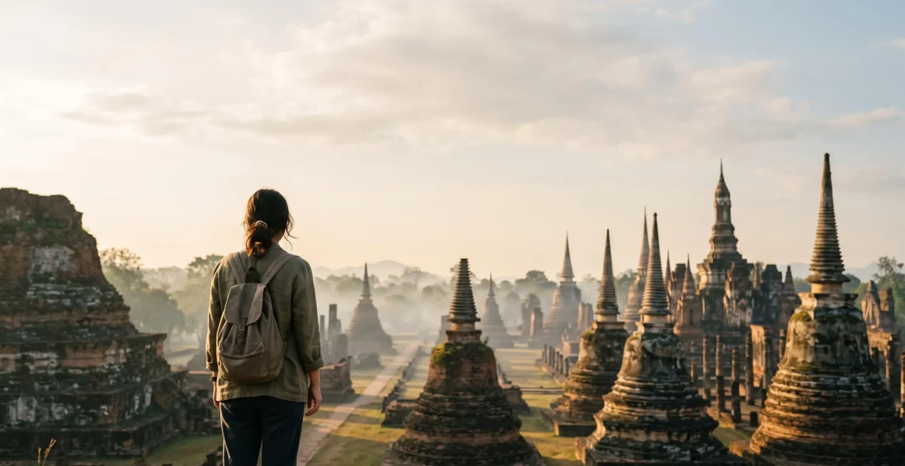 Voyageur contemplant respectueusement un temple thaïlandais ancien au lever du soleil