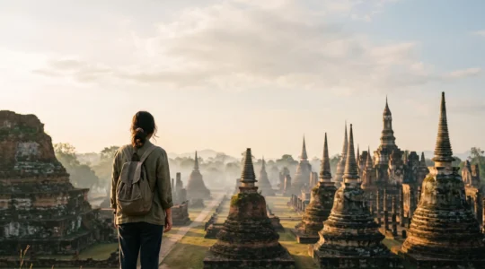 Voyageur contemplant respectueusement un temple thaïlandais ancien au lever du soleil