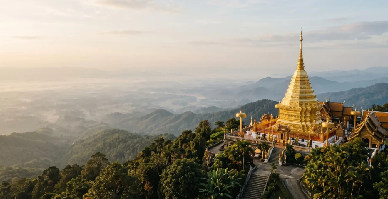 Vue panoramique du chedi dore du Doi Suthep baigne dans la lumiere doree du petit matin, sans touristes