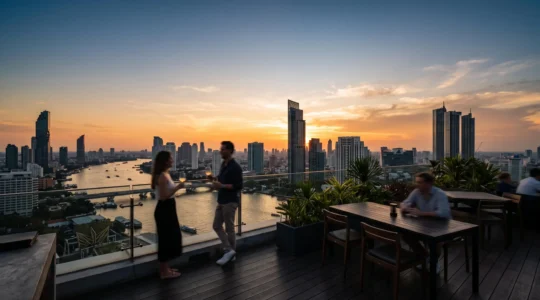 Vue panoramique d'un rooftop bar de Bangkok au coucher du soleil avec la skyline en arriere-plan