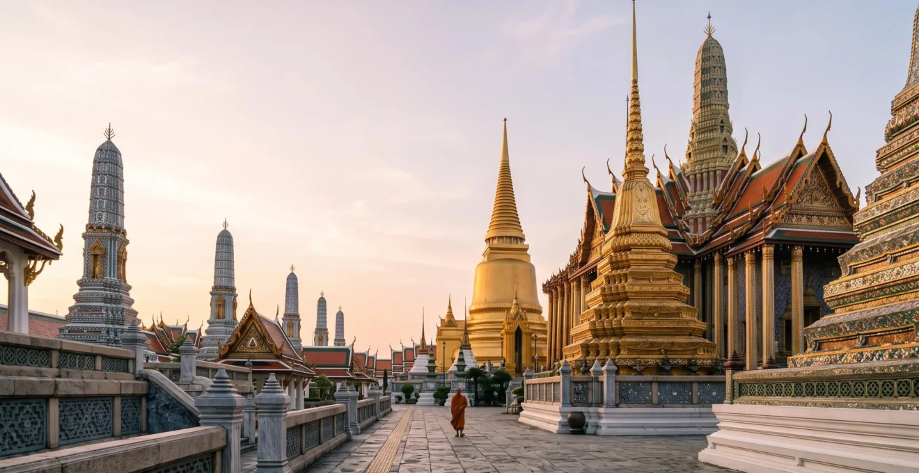 Vue matinale sereine des toits dorés et prangs du Wat Phra Kaew à Bangkok, baignés d'une lumière douce, sans foule visible