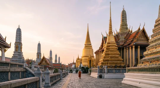 Vue matinale sereine des toits dorés et prangs du Wat Phra Kaew à Bangkok, baignés d'une lumière douce, sans foule visible